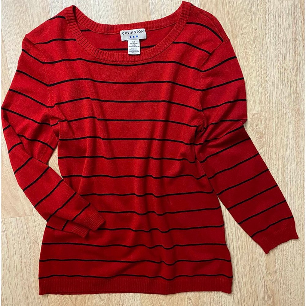 Lightweight Red Black Stripes Long Sleeve Sweater